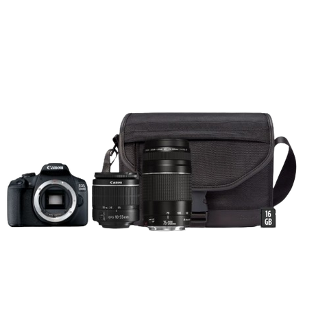 Máquina Fotográfica Canon EOS 2000D Preta + 18-55 + 75-300 + Mala + SD 16GB - Reflex 24 MP | APS-C | f3.5-5.6 / f4.0-5.6