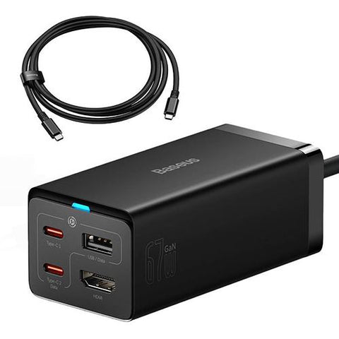 Carregador Baseus Gan5 Pro 2 x USB- C+ USB+ HDMI + Cabo USB-C 67W - Preto