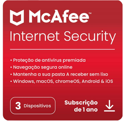 Software McAfee Internet Security - 1 Ano 3 Dispositivos (Formato Digital)
