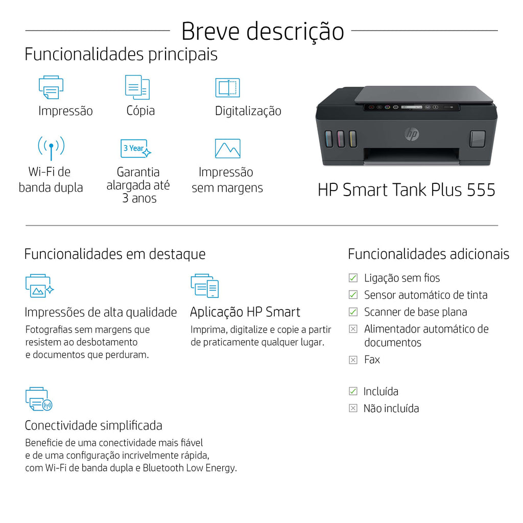 Impressora Multifunções HP Smart Tank Plus 555 Wireless Jato Tinta Cores