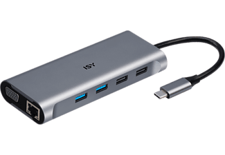 Hub USB-C ISY IAD-1026 - LAN / 4x USB-A / 1x USB-C / 2x HDMI / 1x VGA / Leitor Cartões