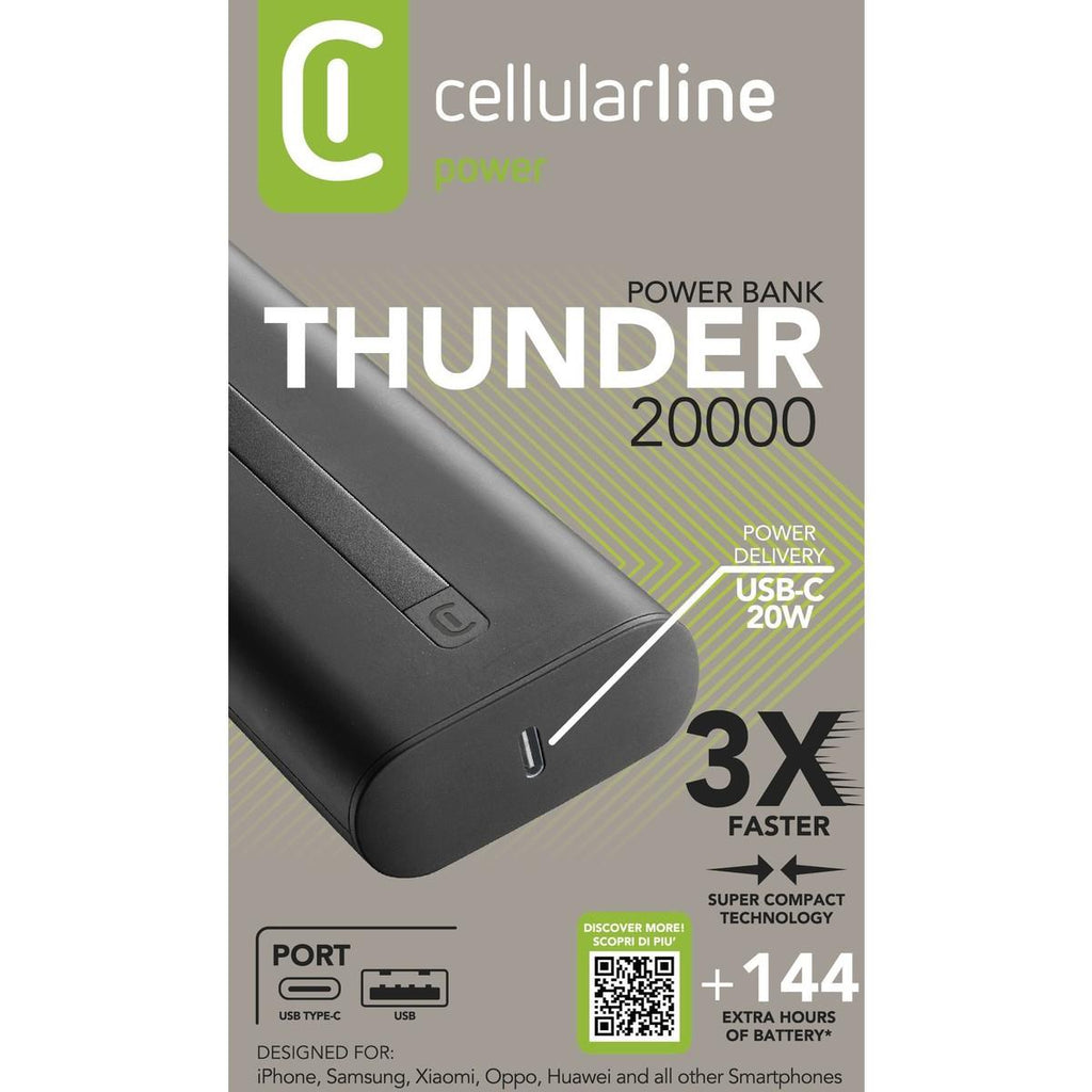 Powerbank Cellularline Thunder 20000mAh USB+USB-C Preto